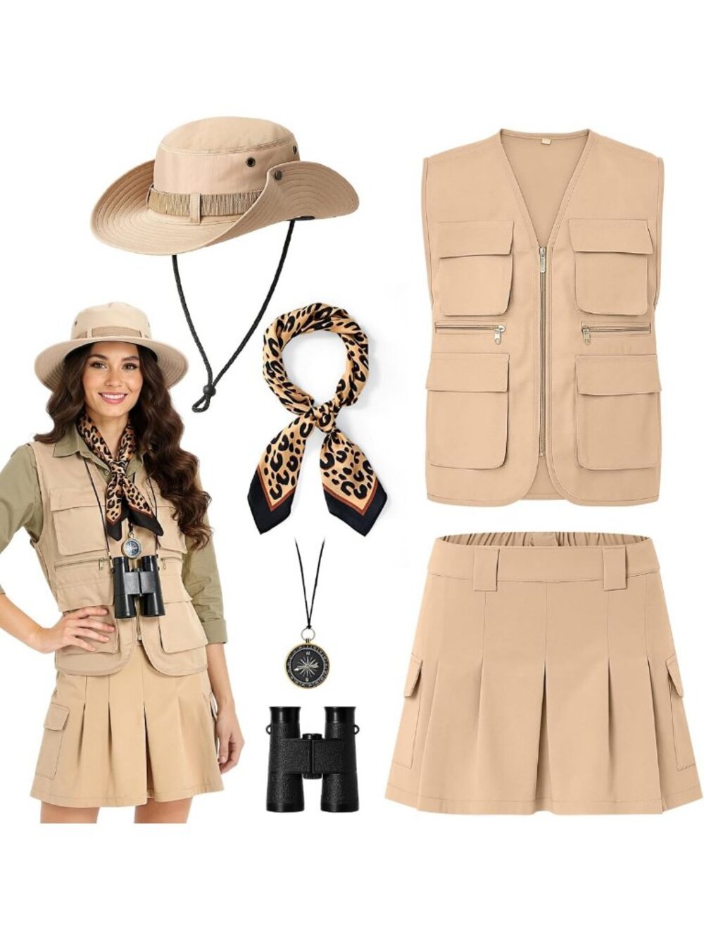 6-Piece Women's Safari Outfit Set: Vest, Hat, Scarf, Binoculars & Skirt